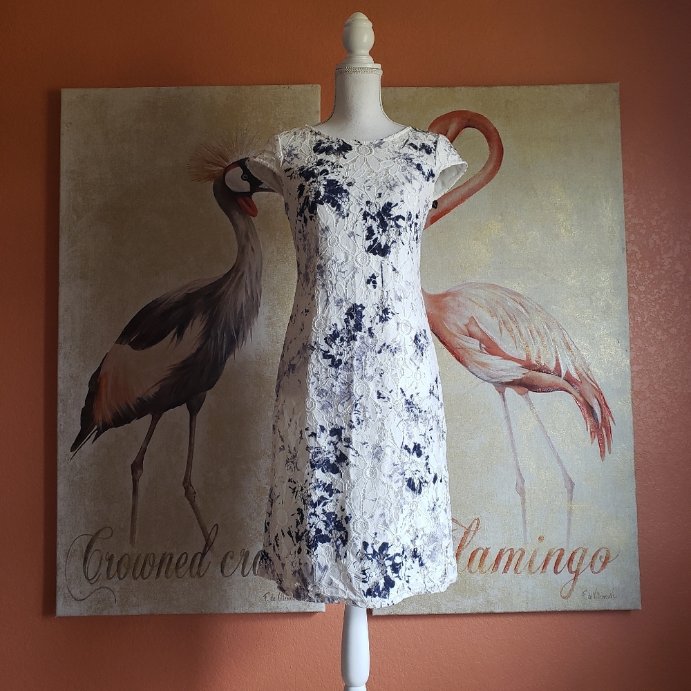 Chetta B Floral Lace Overlay Spring Dress Tie Dye 6 Blue White